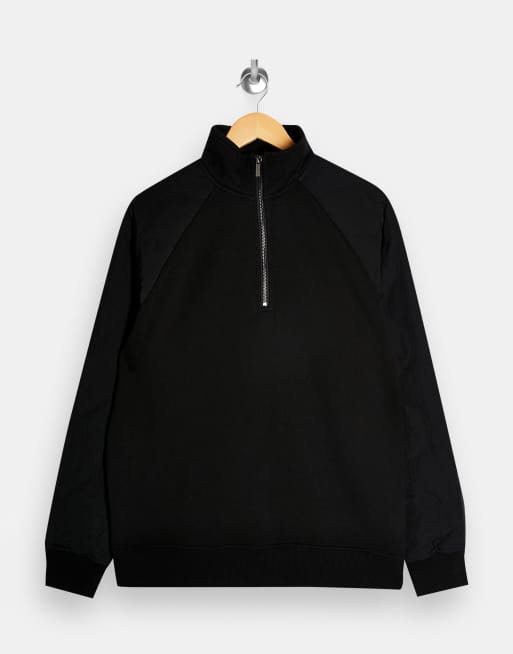 Topman – Gestepptes Sweatshirt mit Raglanärmeln und kurzem Reißverschluss in Schwarz, 3 von 4