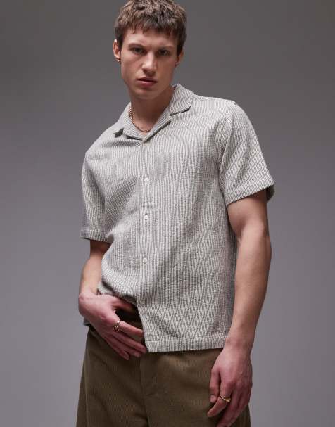 Topman - Gestreept overhemd met korte mouwen en textuur in stone - view 1