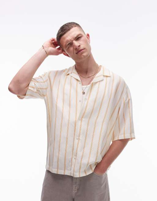 Topman - Gestreept overhemd van linnenmix met korte mouwen in stone