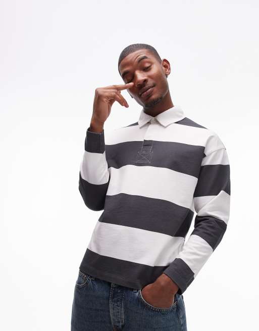 Topman - Gestreepte polo met oversized pasvorm en geweven kraagje in antraciet