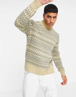 Topman – Gestrickter Rollkragenpullover mit Norwegermuster in Steinbeige