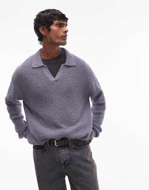 Topman – Gestricktes Baumwoll-Polohemd in Hellblau mit Reverskragen