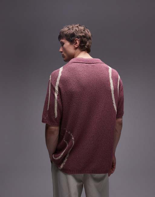 Topman – Gestricktes Polohemd in Lila mit Knopfleiste, Reverskragen und Batikmuster, 3 von 5