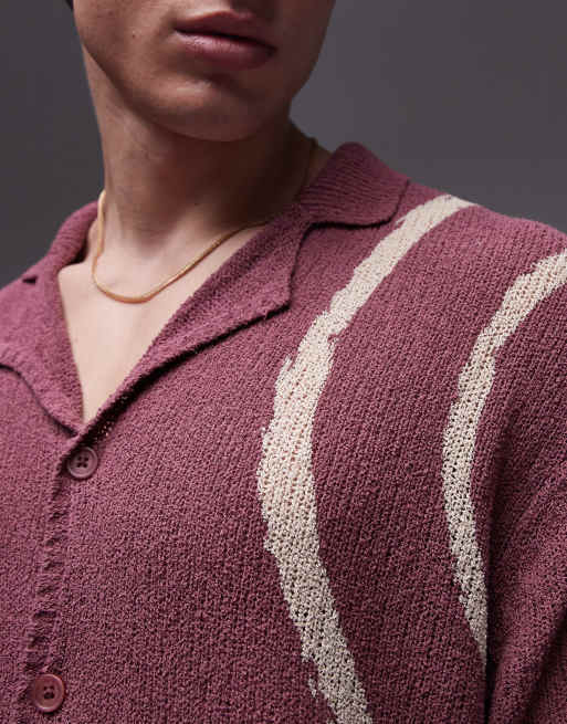 Topman – Gestricktes Polohemd in Lila mit Knopfleiste, Reverskragen und Batikmuster, 4 von 5