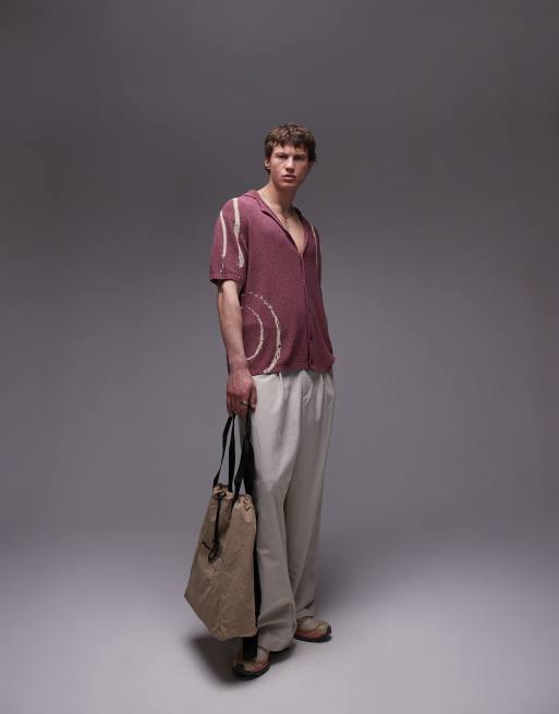 Topman – Gestricktes Polohemd in Lila mit Knopfleiste, Reverskragen und Batikmuster, 5 von 5