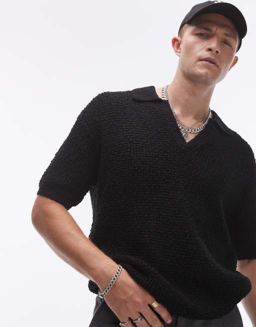 Topman – Gestricktes Polohemd in Schwarz mit Reverskragen