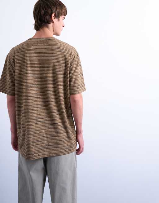 Topman – Gestricktes Relaxed-Fit-T-Shirt in Braun mit Streifen, 4 von 5