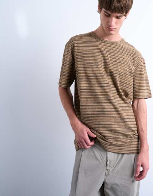 Topman – Gestricktes Relaxed-Fit-T-Shirt in Braun mit Streifen, 5 von 5