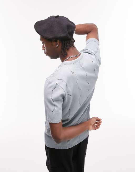 Topman – Gestricktes T-Shirt mit Leiterstrich in Salbeigrün, 2 von 4