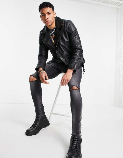 Topman - Giacca biker in pelle nera
