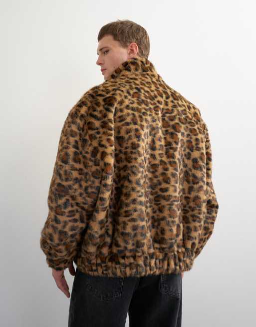Topman giacca bomber in pelliccia sintetica con stampa leopardata marrone, 2 di 5