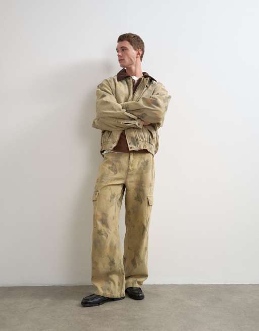 Topman giacca bomber oversize in twill con stampa camouflage e colletto in velluto a coste, khaki, 2 di 5