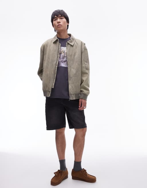Topman - Giacca bomber vestibilità comoda in denim slavato kaki, 3 di 4
