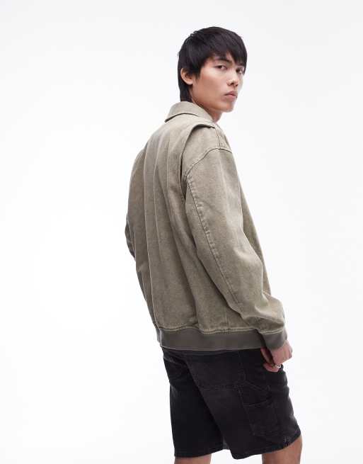 Topman - Giacca bomber vestibilità comoda in denim slavato kaki, 4 di 4