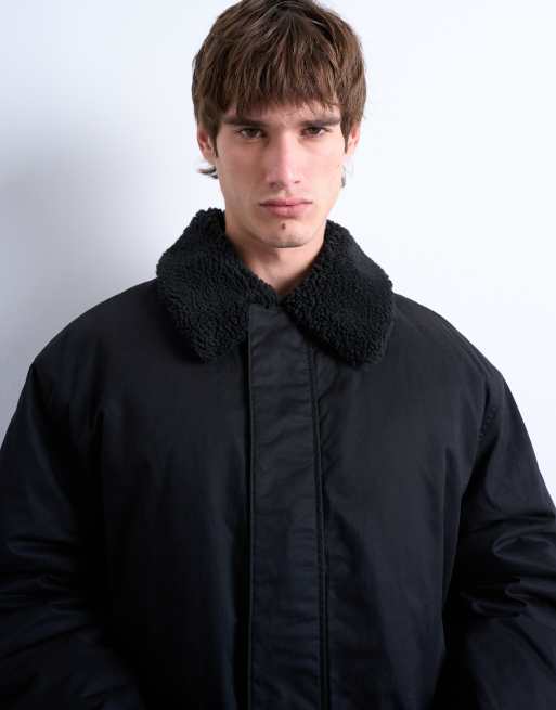 Topman - Giacca coach imbottita nera con colletto in pile borg, 4 di 5