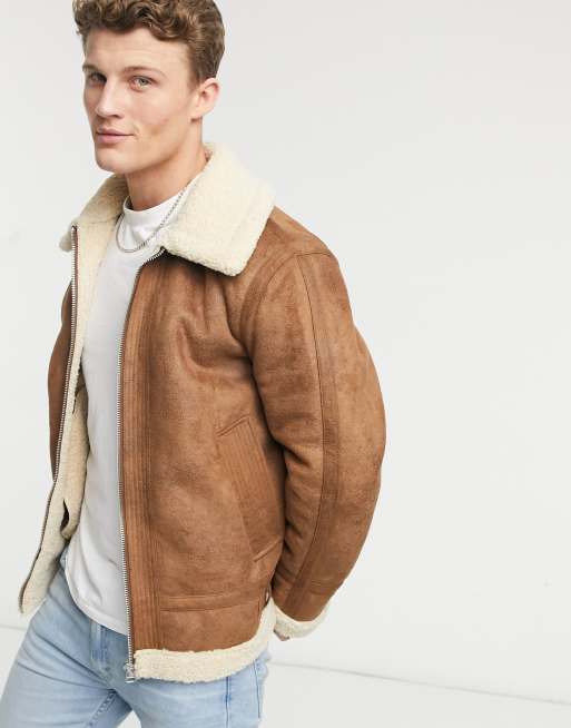 Topman - Giacca color cuoio con finiture in pile borg