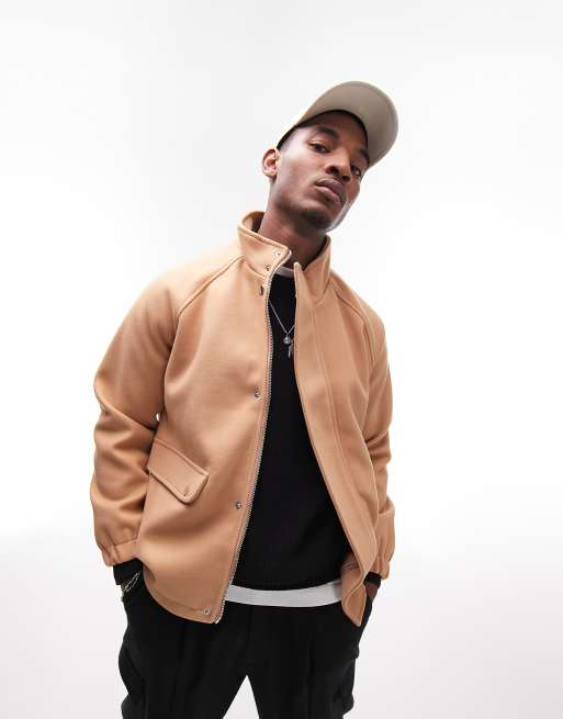 Topman - Giacca con scollo a imbuto in lana color cammello