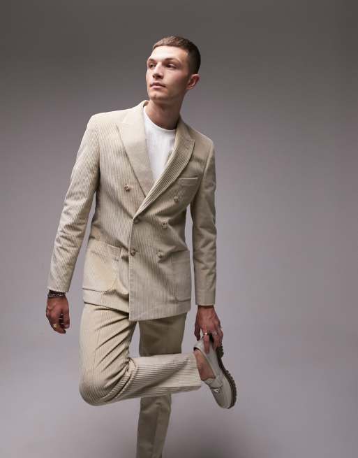 Topman - Giacca da abito doppiopetto skinny color pietra a coste