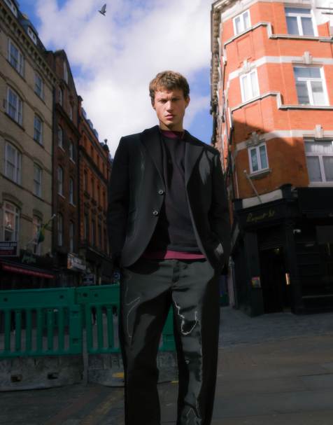 Topman - Giacca da abito nera vestibilità comoda in tessuto misto - view 1