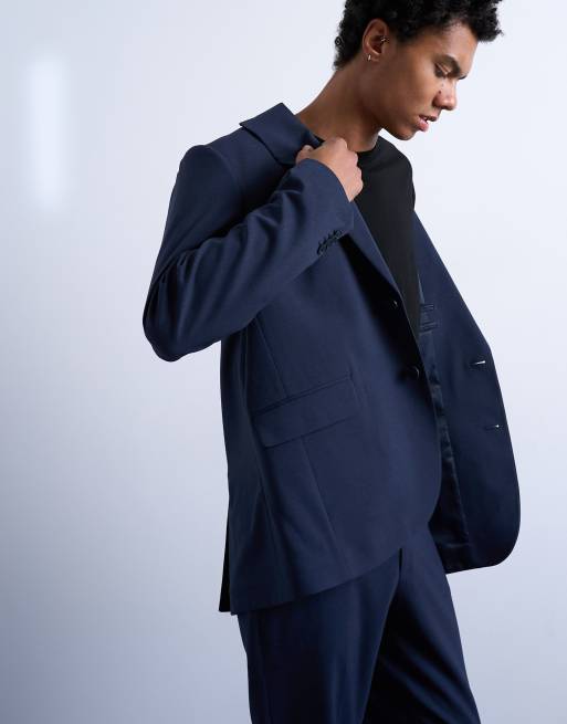 Topman - Giacca da abito vestibilità comoda blu navy effetto lana, 5 di 5