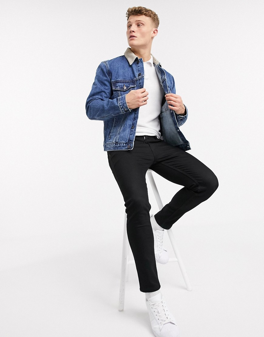 Topman - Giacca di jeans lavaggio blu medio con colletto a coste