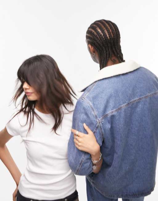 Topman - Giacca di jeans lavaggio blu medio con colletto in pile borg, 2 di 4