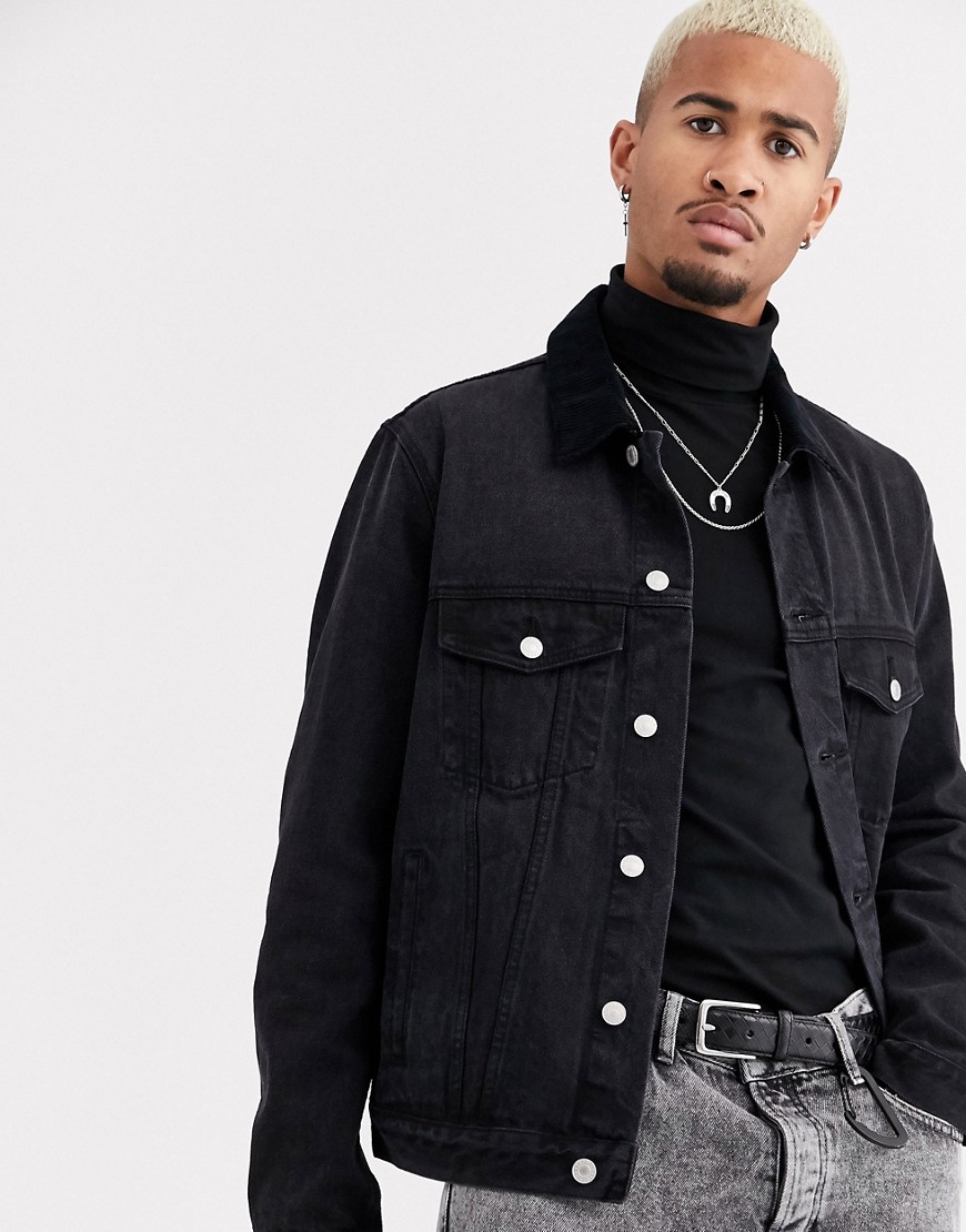 Topman - Giacca di jeans nera con colletto in velluto a coste-Nero