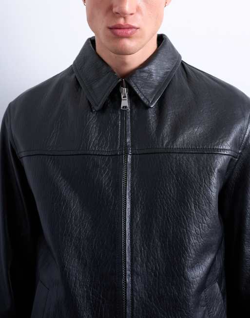 Topman - Giacca harrington in vera pelle nera, 4 di 5