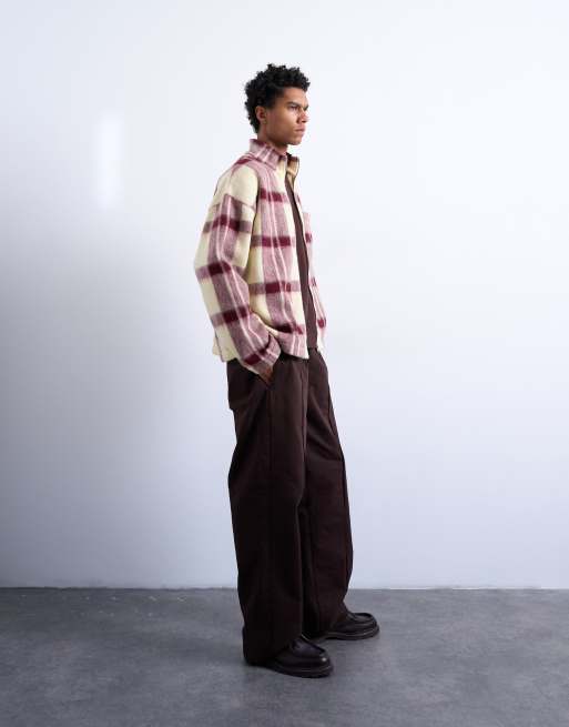 Topman - Giacca in misto lana rossa a quadri spazzolata con collo a imbuto, 2 di 5