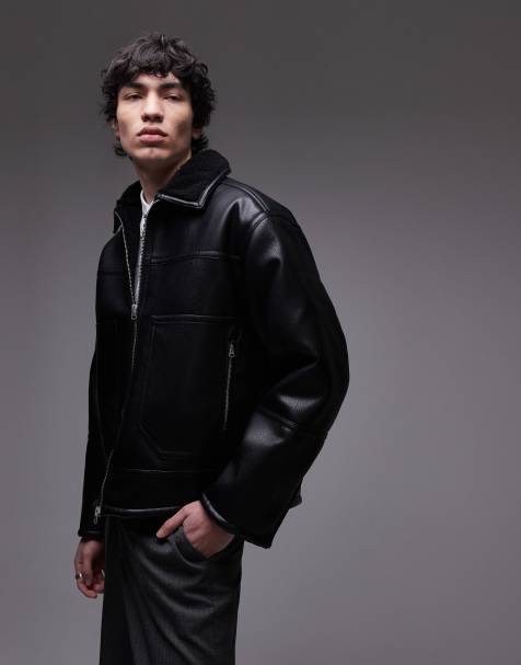Topman - Giacca in montone e pelle sintetici nera con tasca - view 1