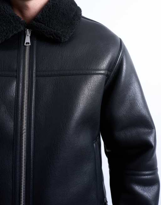 Topman - Giacca in montone sintetico nera con tasche con zip, 3 di 5