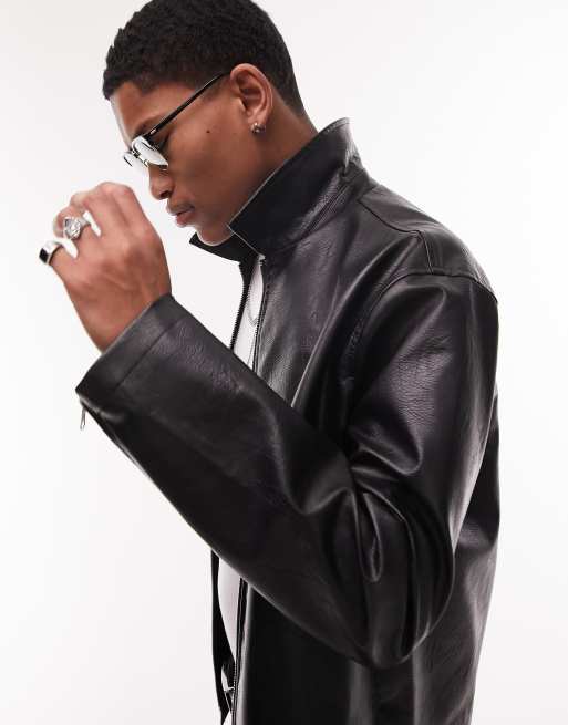 Topman - Giacca in pelle sintetica nera con zip