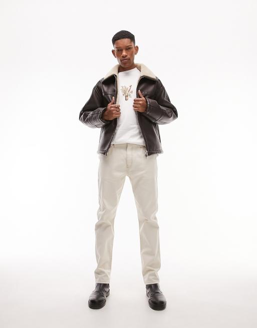 Topman - Giacca stile aviatore in montone e pelle sintetica sintetica colore marrone