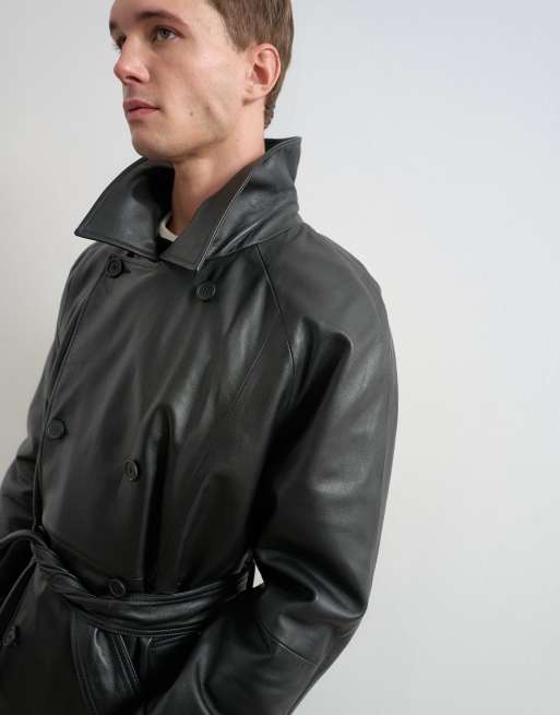 Topman giacca trench lunga in pelle vera nera, 4 di 5