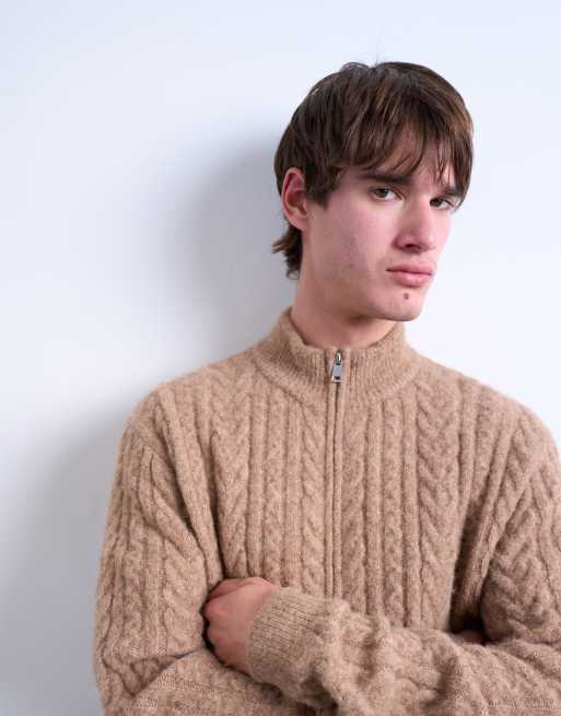 Topman - Gilet à col cheminée et fermeture éclair en maille torsadée - Fauve, 3 de 5