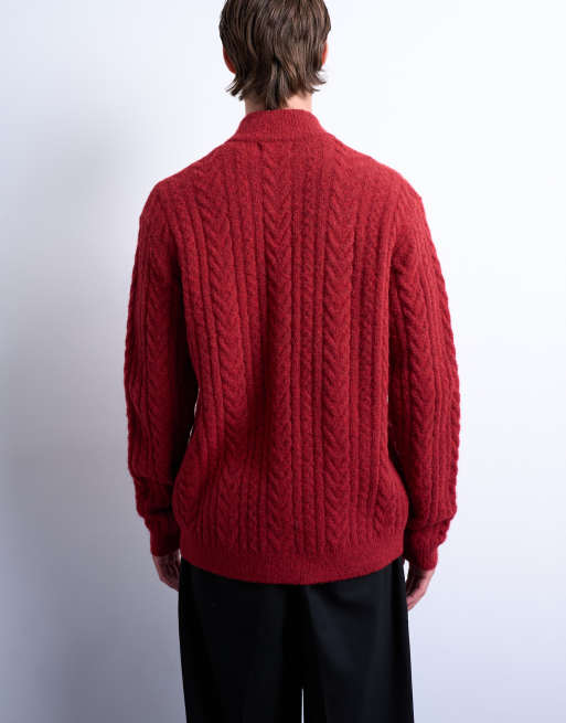 Topman - Gilet à col cheminée et fermeture éclair en maille torsadée - Rouge, 5 de 5
