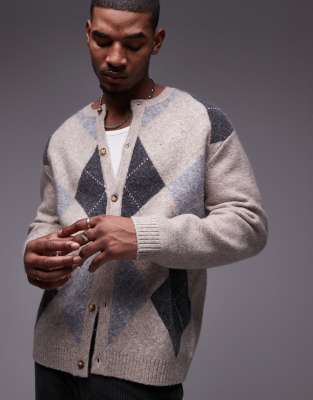 Topman - Gilet à col rond avec motif losanges - Beige-Neutre