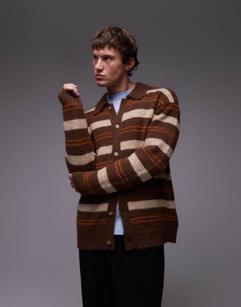 Topman - Gilet décontracté en maille brossée à rayures avec col polo - Marron - view 1