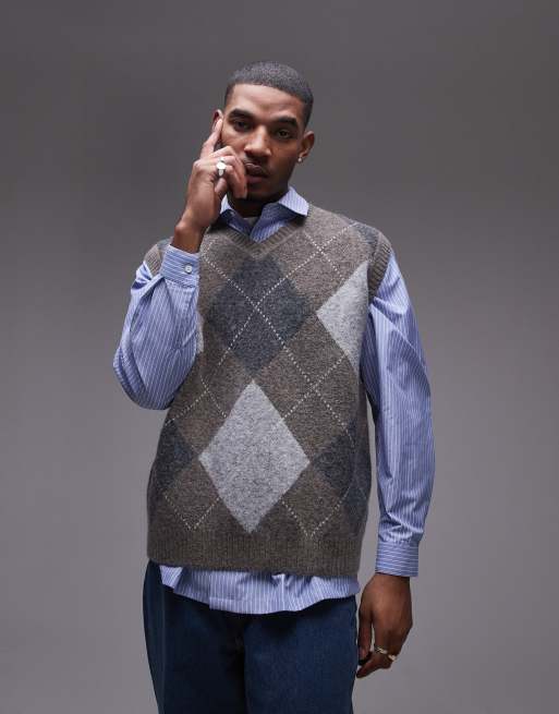 Topman - Gilet in maglia con scollo a V marrone a rombi