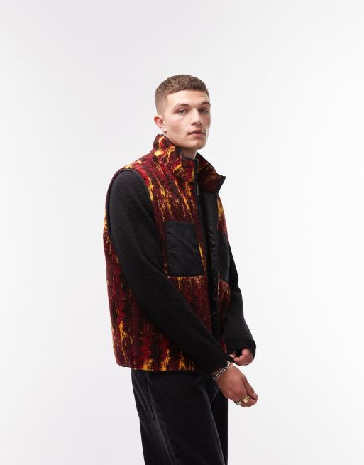 Topman - Gilet in pile borg con stampa bordeaux