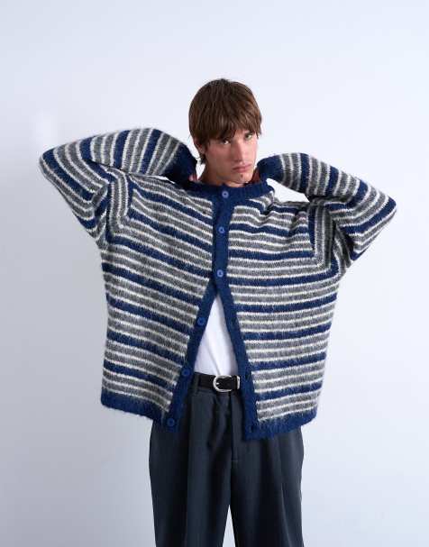 Topman - Gilet ras de cou en maille duveteuse rayée - Bleu - view 1