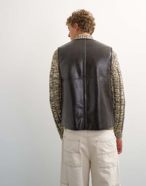 Topman gilet réversible en imitation cuir et imitation peau de mouton coupe classique marron, 5 de 5