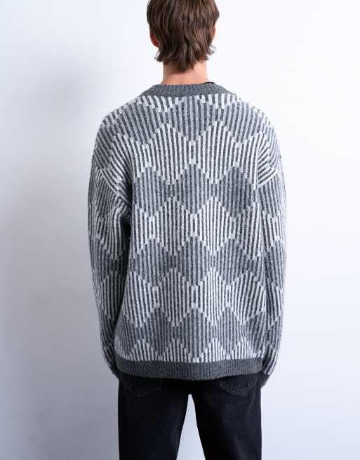 Topman - Grå cardigan i strik med diamantformet mønster, 5 af 5