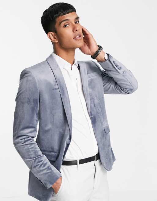 Topman – Grå, enkelknäppt sammetskavaj i extra smal passform
