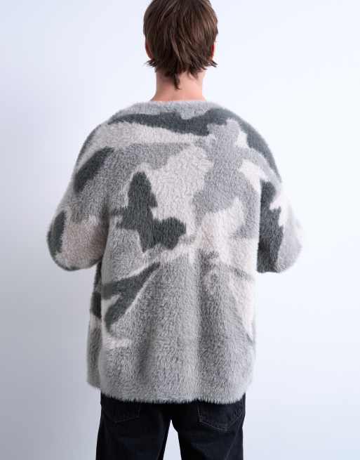 Topman – Grå, kamouflagemönstrad, stickad kofta i oversize, 4 av 5