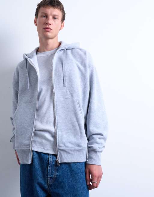 Topman – Grå, kraftig huvtröja i oversize med lång dragkedja, 3 av 5