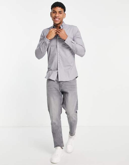 Topman – Grå, långärmad oxfordskjorta med stretch och smal passform