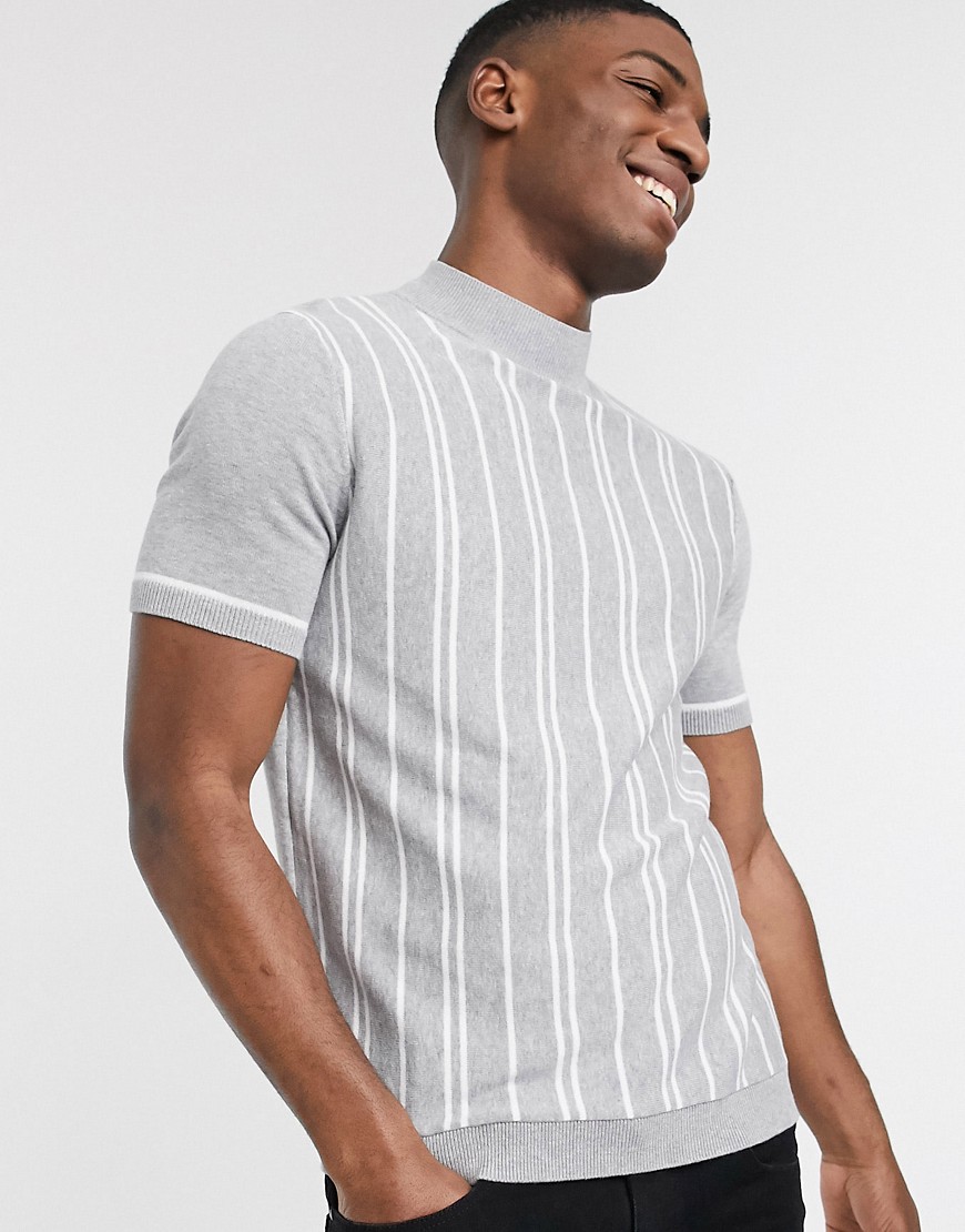 Topman – Grå och vit, randig, stickad t-shirt med halvpolokrage
