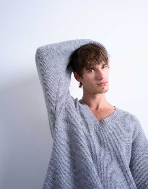Topman - Grå og oversized striktrøje med V-hals, 5 af 5