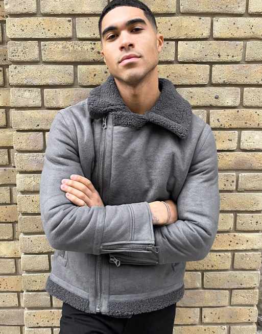 Topman – Grå pilotjacka i fårskinnsimitation
